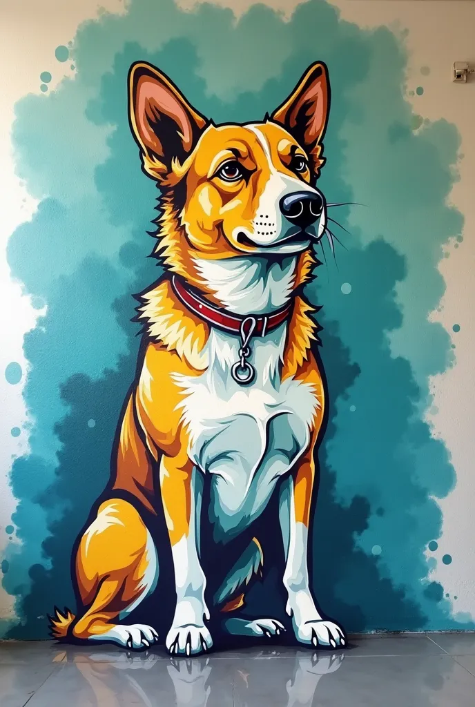 create me graffiti on the wall in the veterinary clinic, it should have a dog(stylized) and minimalism, in blue, green, yellow colors and with the use of other decorative elements, wall size length 2560 width 1440