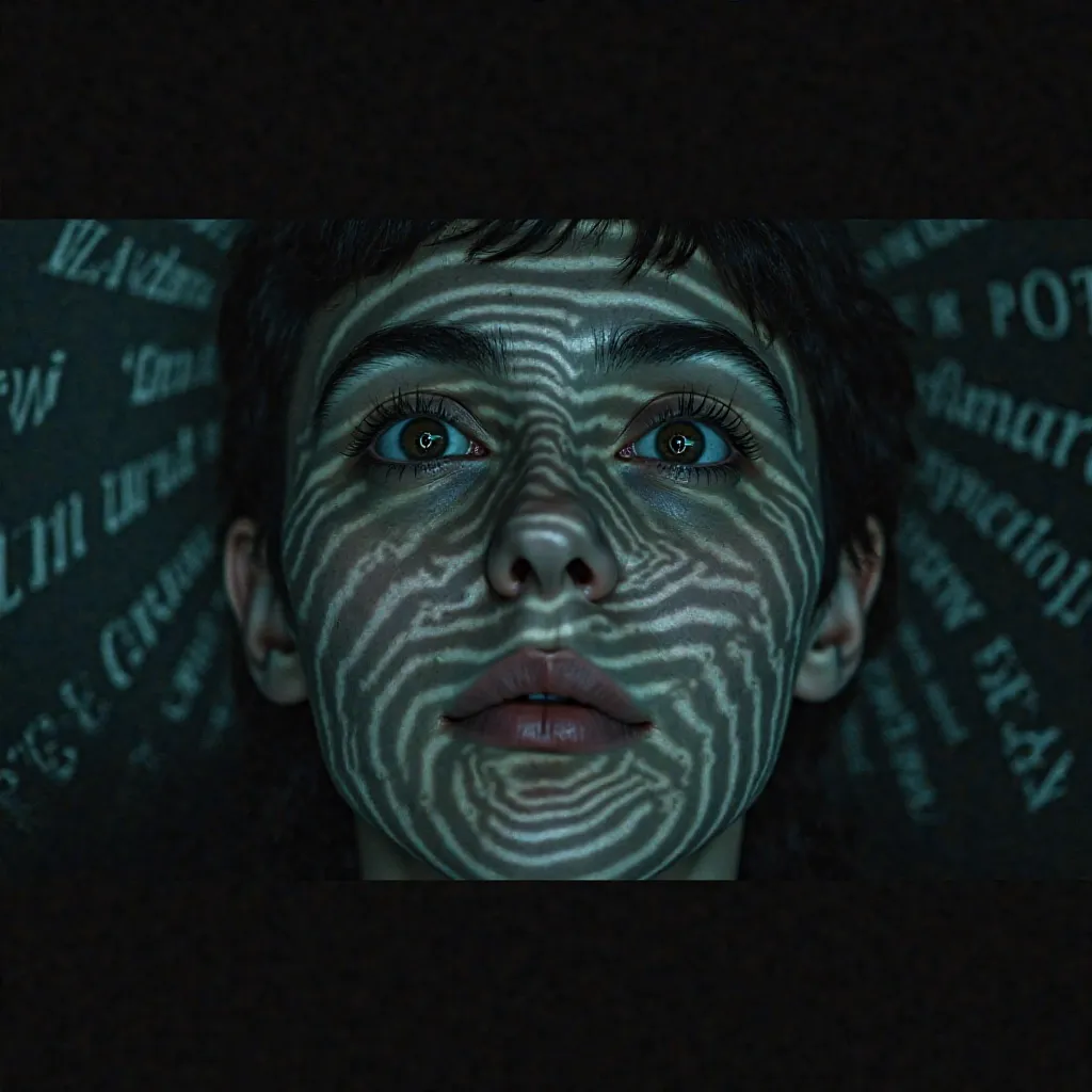 A person staring into a hypnotic spiral, their pupils dilated, as subliminal messages flash across the screen in the background