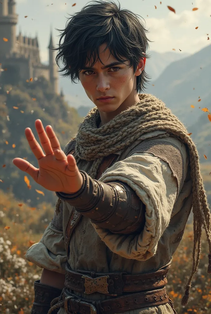 Create an image of a young 20-year-old ager, smooth face,  with torn war clothes , black hair, medium, brown eyes,  with a glove on his right hand only, with a magic in the right hand,  A serious expression . In the medieval fantasy theme .