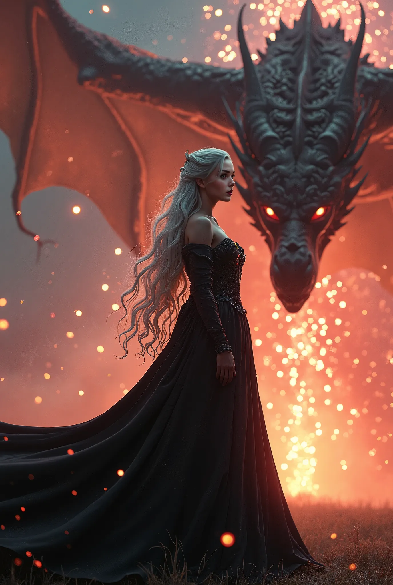 Game of Thrones Beautiful heroine Big breasted Daenerys Targaryen ,  Walking in fireworks,behind her is a dragon with burning eyes, White hair and black dress 
