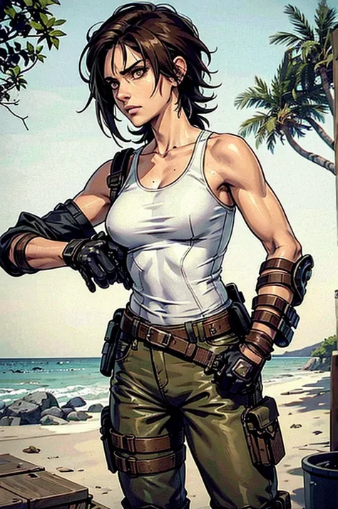 a military woman, well trained body, white sleeveless t-shirt, Exposed collarbone, beige leather shelter, blue pants, two leather belts with gun pockets, dark brown hair, carving, Brown eyes, hazel left eye, left eye with a scar, beach shore, at daytime, g...