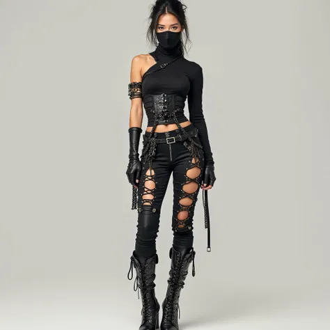 Her outfit is a fusion of modern elegance and edgy ninja aesthetics. One sleeve is entirely cut off, leaving one arm bare, while the other features a unique lace-up design with stylish gaps, creating an intricate, high-fashion look. The waist is accentuate...