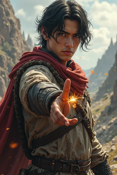 Create an image of a young 20-year-old ager, smooth face,  with torn war clothes , black hair, medium, brown eyes,  with a glove on his right hand only, with a magic in the right hand,  A serious expression . In the medieval fantasy theme .