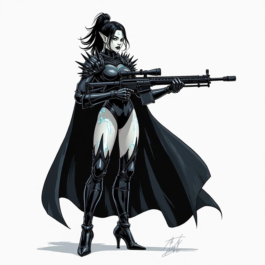 full-body illustration female warrior standing pose, wielding a black lever action rifle with glowing white veins. She has pale skin, pointy ears, white eyes, and a black hair high ponytail. She wears a spiked black armored bodysuit, high-heeled boots, and...