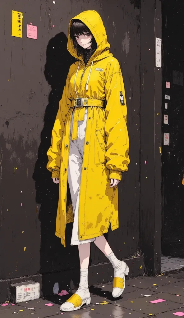  The textures are soft,  full body flat, yellow clothes :1.5, a woman wearing a yellow hooded raincoat walking in the rain, cyberpunk streetwear, wearing cyberpunk streetwear, urban clothes cyberpunk, El atuendo de  cyberpunk style  ,  cyberpunk style , Cy...