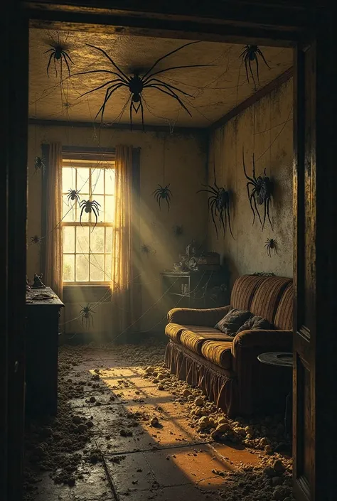 **Prompt:**  
*"A dark and eerie home interior overrun with spiders, incorporating a black (#231F20) and gold (#F6B221) color scheme. Webs cover the furniture, ceiling, and corners of the room. Large, realistic spiders crawl across the walls, floor, and ha...