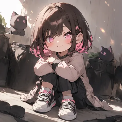 Alone，medium hair，Dark brown hair， tip pink highlight，woman， Light Pink Eyes ，smile, black trainer， sitting，deformed