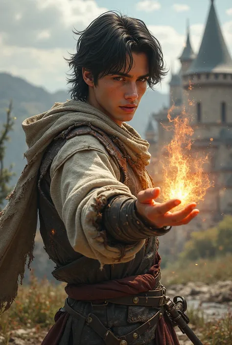 Create an image of a young 20-year-old ager, smooth face,  with torn war clothes , black hair, medium, brown eyes,  with a glove on his right hand only, with a magic in the right hand,  A serious expression . In the medieval fantasy theme .