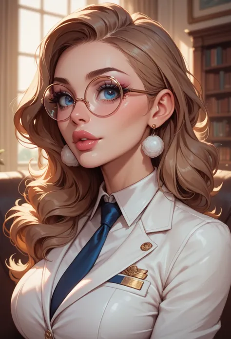 Beauty　big eyes　Thick lips　 round glasses　Sexy Secretary　 popup　tight suit