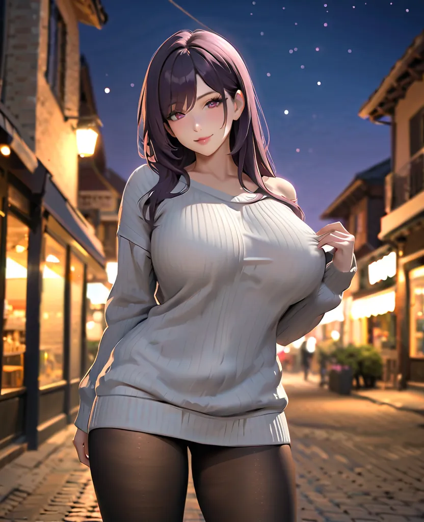  brown eye, black hair, ( big perfect breasts ), length hair, mature woman,  1 girl, length_hair, breast, Beautiful breast, , sweat, purple _eye, brown_hair, lips, purple _hair, Alone, sweater, loose sweater, length sweater, pantyhose, smile, , outdoor,   ...