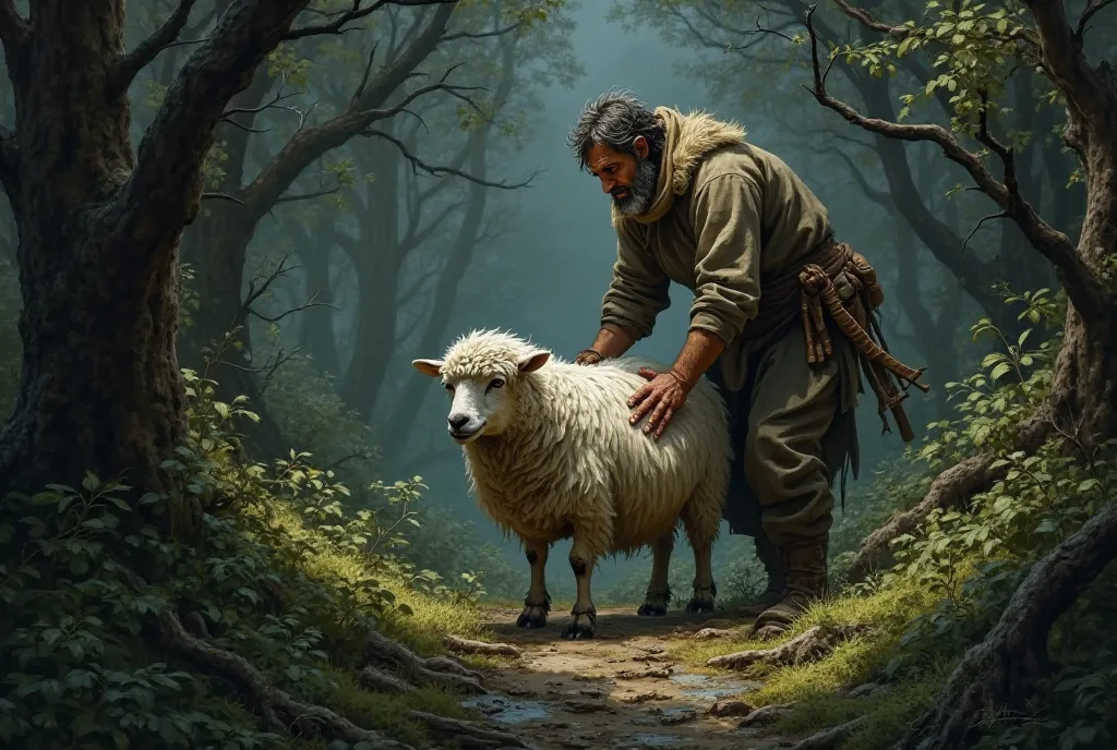 Dirty sheep lost in the woods being rescued by its shepherd 