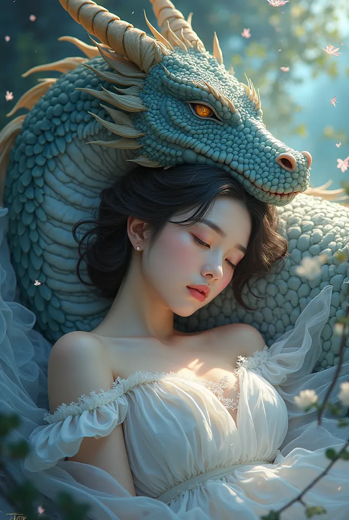 Painting of a sleeping woman with a dragon on her back, the dragon girl portrait, dragon girl, a beautiful artwork illustration, Loish e Ross Tran, Fantasia chinesa, belas fotos avatar, Art not Guweiz style, trending on artstration, estilo de arte de fanta...