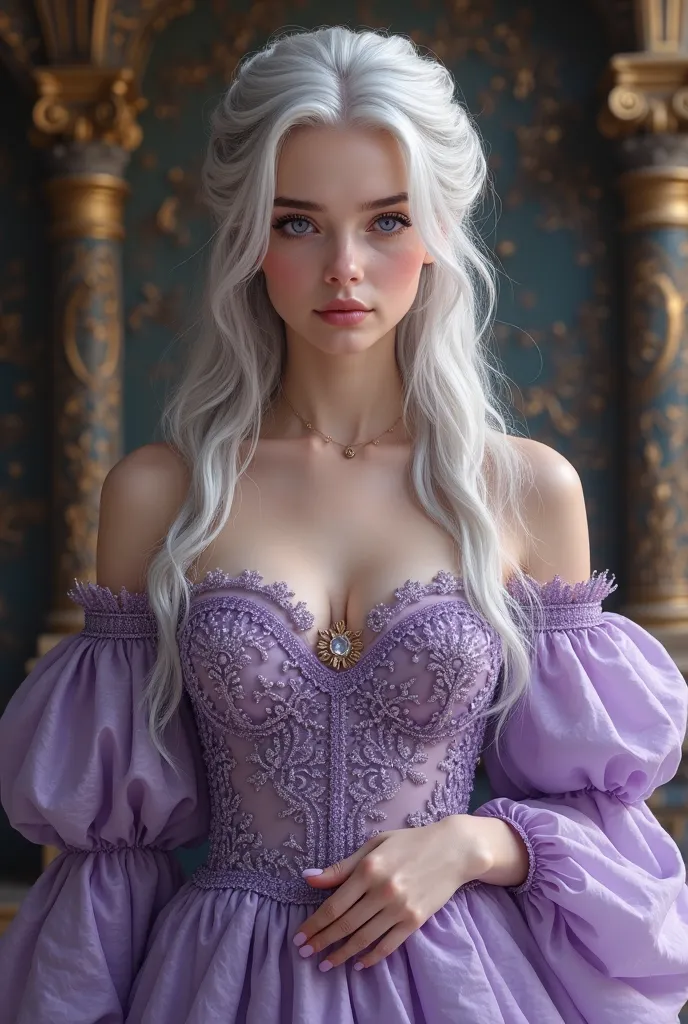 An 18 year old girl, 5'11", fat, with a big breast, with long silver hair, light purple eyes and skin as pale as the classic Targaryen moon. With a sweet face and a royal lilac dress.