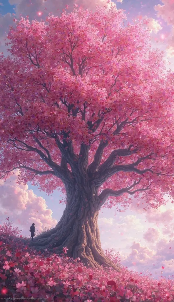 宝A tree with jewels and pink diamond leaves. The diamonds shine with a pink light. Mysterious. Fantastic. Directed by Makoto Shinkai. Realism. A halo shines on the tree from the sky. Dazzling light. Overall pink color tone.