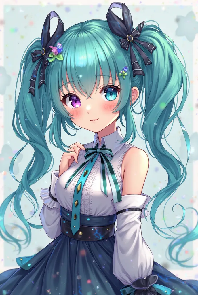 Create an anime girl with stupid hair and turquoise strands her eyes are turquoise with a touch of purple she wears elegant clothes 