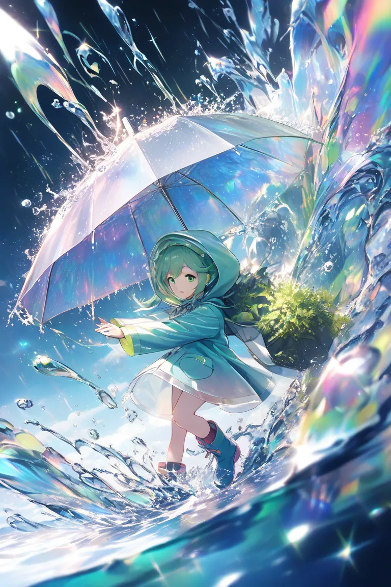 Character Pokemon, 1 girl , solo , Misty , green eyes , ultra detailed, absolutely resolution, masterpiece. 
Rain falling, water splashing, plants sprouting, girls frolicking with umbrellas, boots and raincoats. 
iridescent foggy effects, conceptual instal...