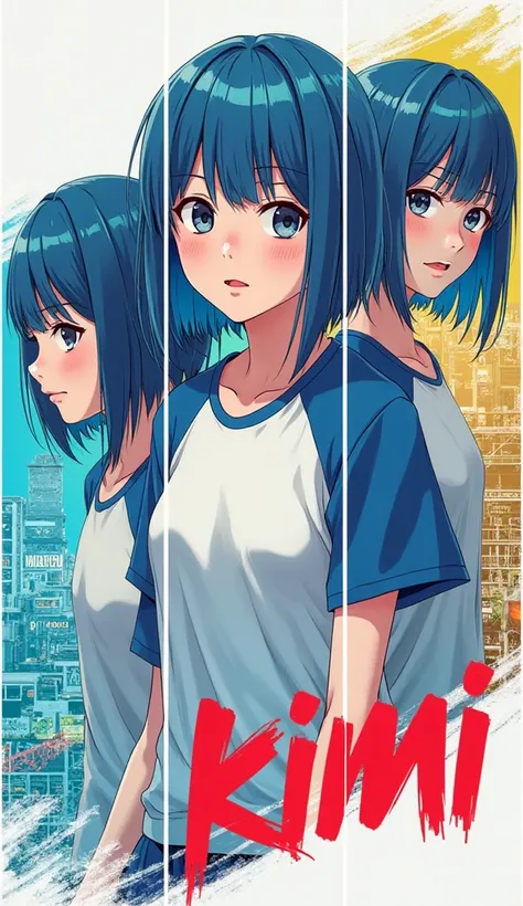 
A dynamic slicing panel effect featuring five panels with white borders on a gradient cyan to yellow background. The first four panels focus on close-up shots of an anime girl with blue blunt bangs, wearing a white and blue raglan sleeve t-shirt. Each pan...