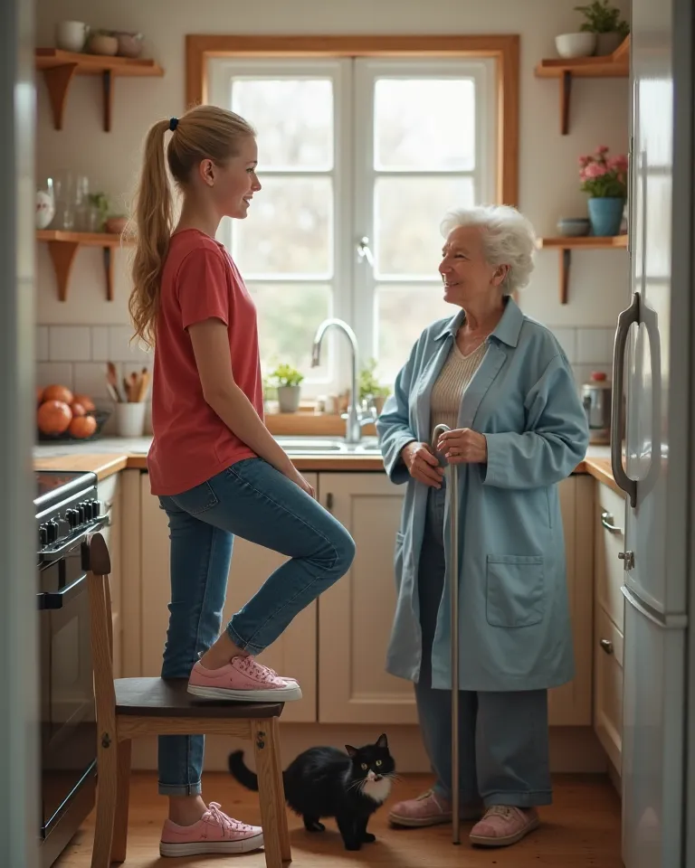 Create a REALISTIC 8K PHOTO HD image where a pretty blonde girl is standing on a chair in the kitchen of a house, Wear a red t-shirt, blue denim pants and pink sneakers, She is washing dishes,He is on half a side standing in front of a sink,Next to her is ...