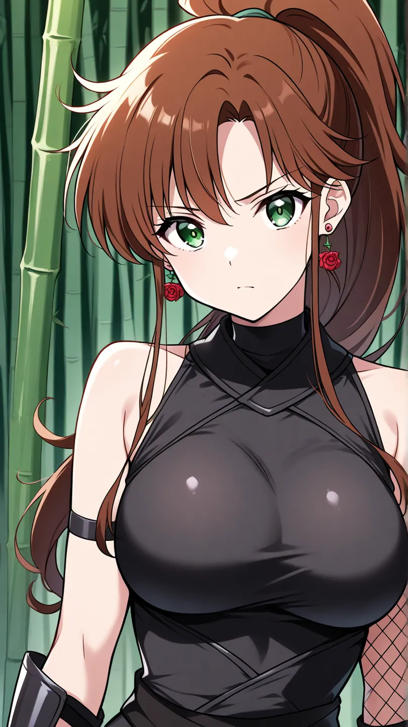 1 girl, SOLO, obra maestra, mejor calidad, SERIOUS FACE, LONg hair, Brown hair, green eyes, ponytail hairstyle, medium boobs, rose earrings, red earrngs, hair accessory, Kino Makoto, BAMBOO FOREST BACKGROUND, NInJA OUTFiT, BLACK CLOTHES, LOOKiNG AT VieweR,...