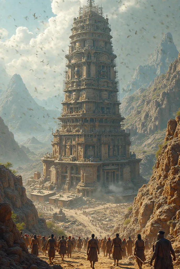 Men building the Great Tower of Babel in a great valley