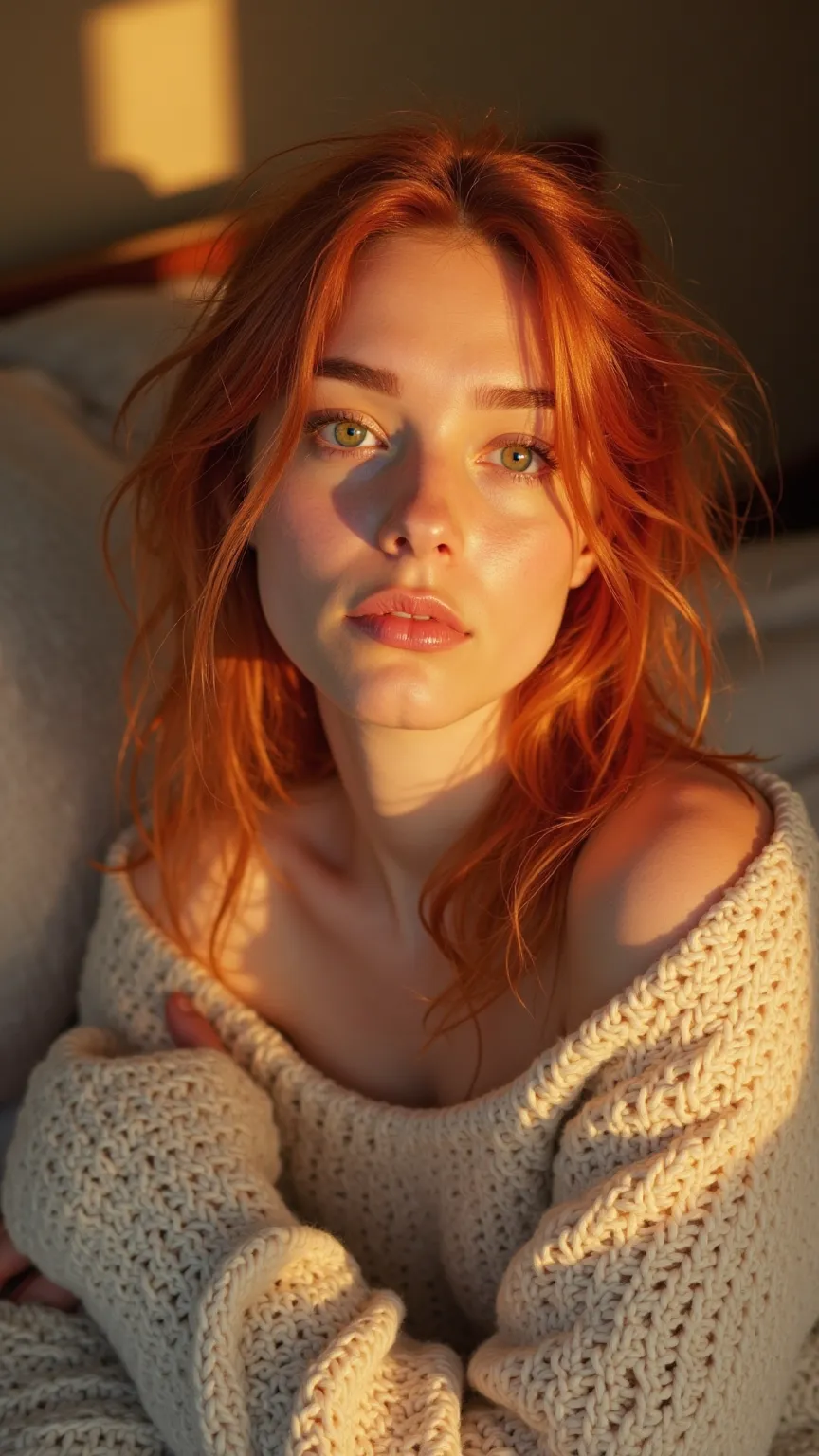 "A stunning 18-year-old young woman with striking red hair and captivating green eyes, just waking up in the morning. Her hair is slightly messy, and her face is completely natural, with no makeup. She has a soft, relaxed expression, still feeling the warm...