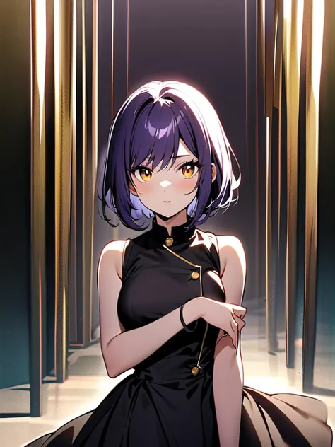 1 woman, short hair, purple hair, golden eyes shining, dressed in black student president dress, well dressed, beautiful appearance.