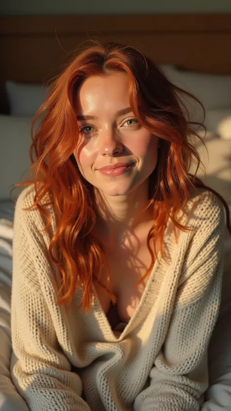 "A stunning 18-year-old young woman with striking red hair and captivating green eyes, just waking up in the morning. Her hair is slightly messy, and her face is completely natural, with no makeup. She has a soft, relaxed expression, still feeling the warm...