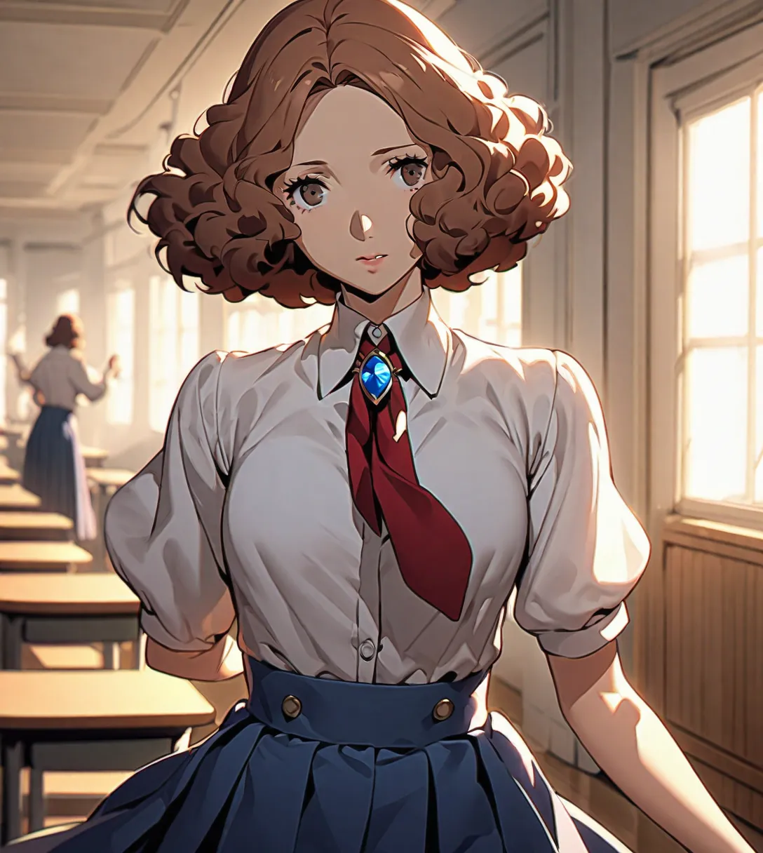 masterpiece, Highest quality, 1 girl,((Brown Hair)), school, schoolgirl uniform, white button-up shirt, blue pleated skirt, red tie, holding blue gem