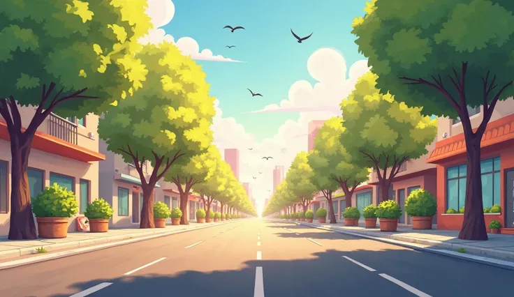 Cartoon photo of empty roadside street with no people in the morning landscape, front view