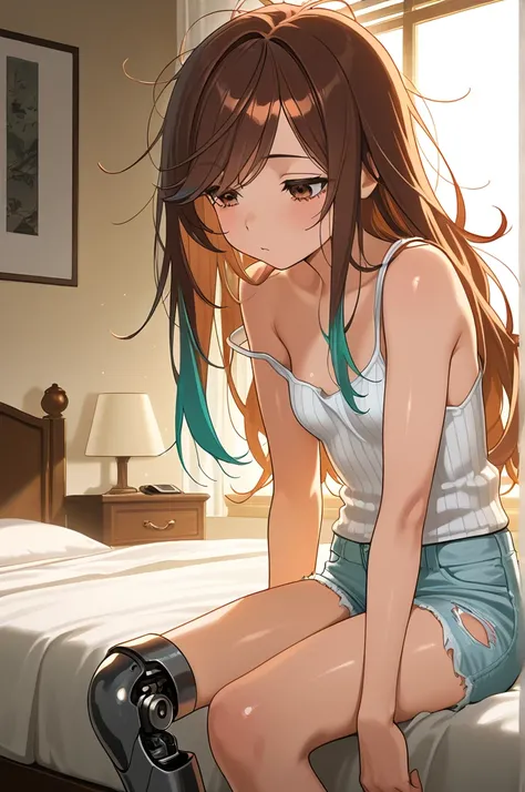 masterpiece, best quality, amazing quality, close up, hungover expression, prosthetic right leg, thin thighs. brown eyes, messy hair, very long brown hair with teal highlights, white tank top, strap slip, ribbed tank top, ripped jean shorts, light blue jea...