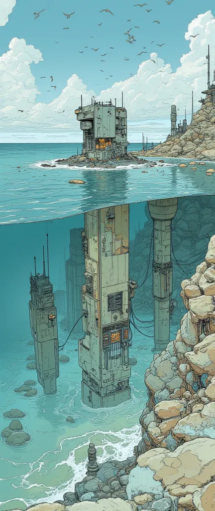  from above ,cyberpunk,Sea Level Rise  ,Submerged Ruins,Concrete ruins sinking into the sea,seawater erodes,crack,Piping,Wave, clear,cloud,Flock of birds