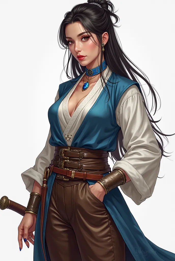 a female Chinese wizard, busty, buxom, tall, big breasts, blue vest over white blouse, plain clothes, blue leather dog collar, brown leather trousers, western medieval clothes, sapphire pendant, rpg character art, classical heroic fantasy theme