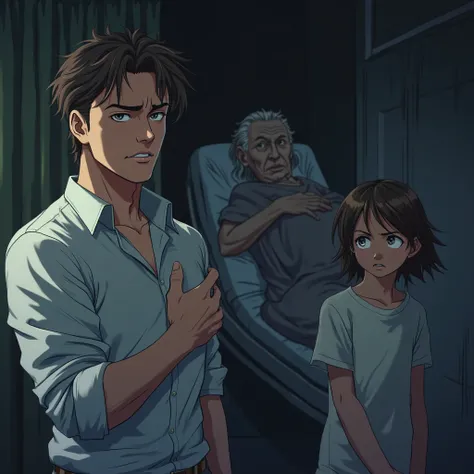 in anime style "A deceptive woman with piercing eyes and a sinister smile, manipulating a young father’s emotions. In the foreground, the man looks conflicted, holding his chest as if burdened by an impossible choice. Behind him, his innocent  stands confu...