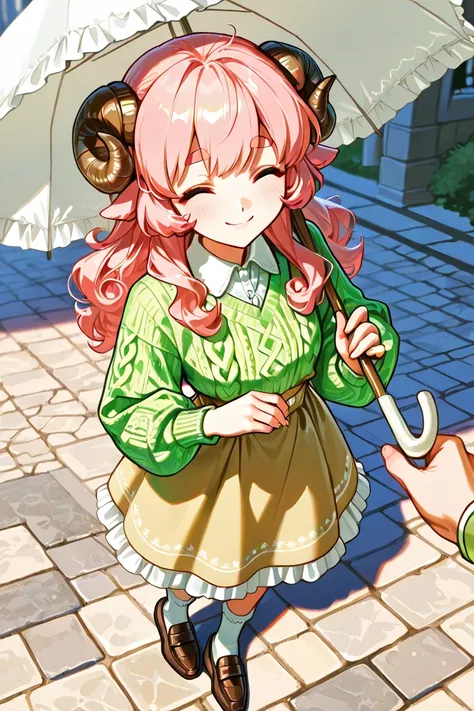 in front of classic beautiful castle,stone paving,solo,a elegant woman\(closed-eyes,thick eyebrows,long fluffy hair,soft pink hair,elegant hair,small sheep circle horns attached on her head,light brown sheep horns,big smile),details of girly clothes\(long-...