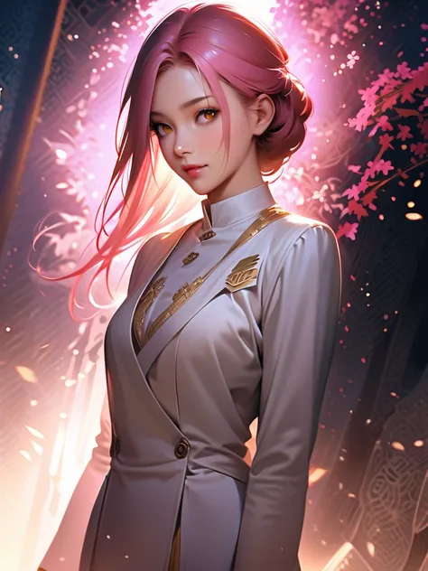 1 woman with long hair, pink hair, beautiful shining golden eyes, dressed in a white student president's dress, well-dressed, beautiful appearance