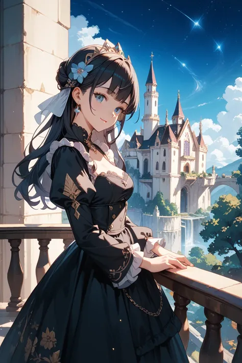 princess in a black dress、Stand on the castle balcony。The background is a starry sky and dream light。dark but hopeful atmosphere。