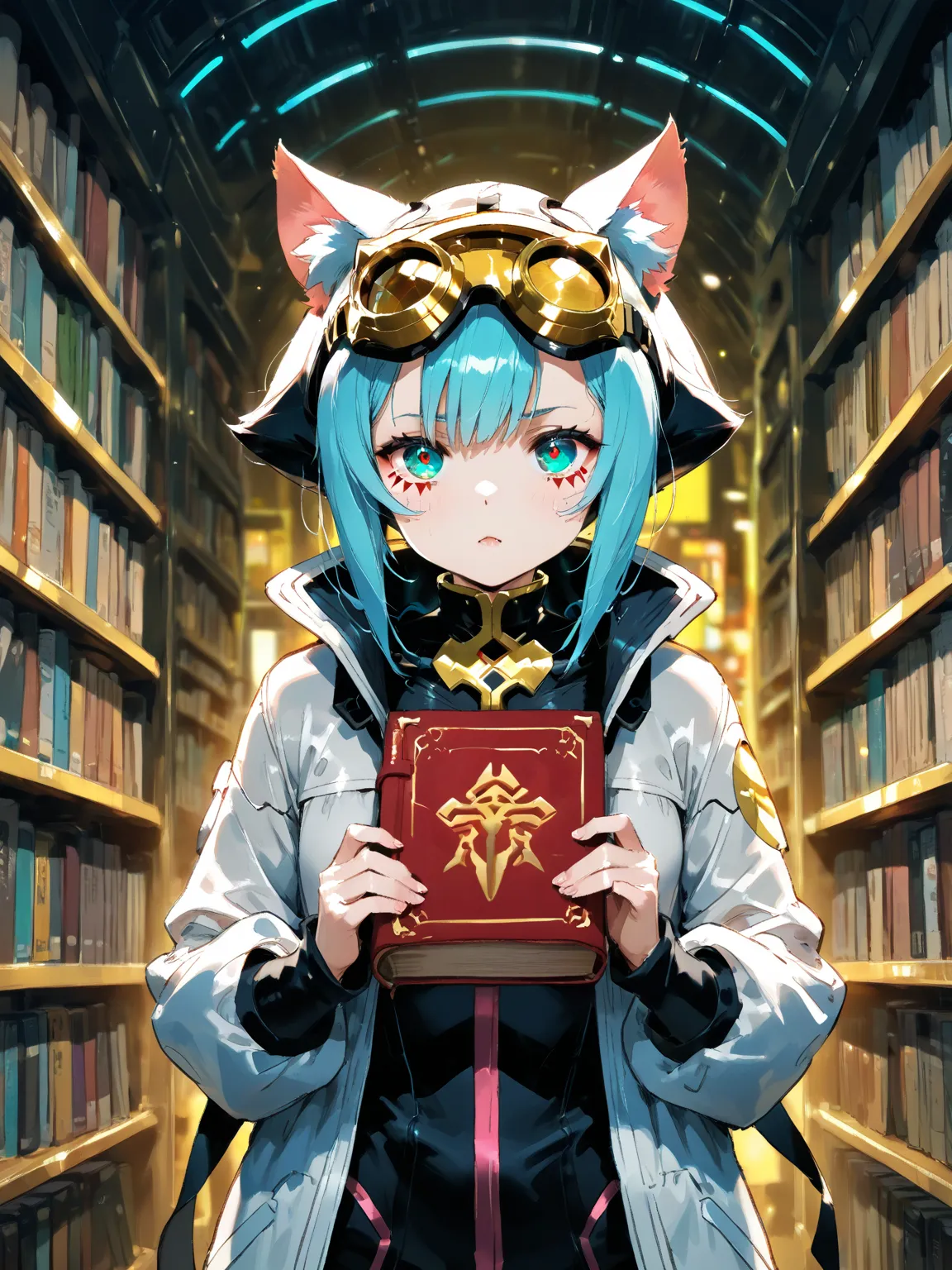 (Cat ears、Wear gold detailed goggles over your head:1.35),A cyberpunk  in awe at the center of 、 a huge futuristic library .  with thousands of books  