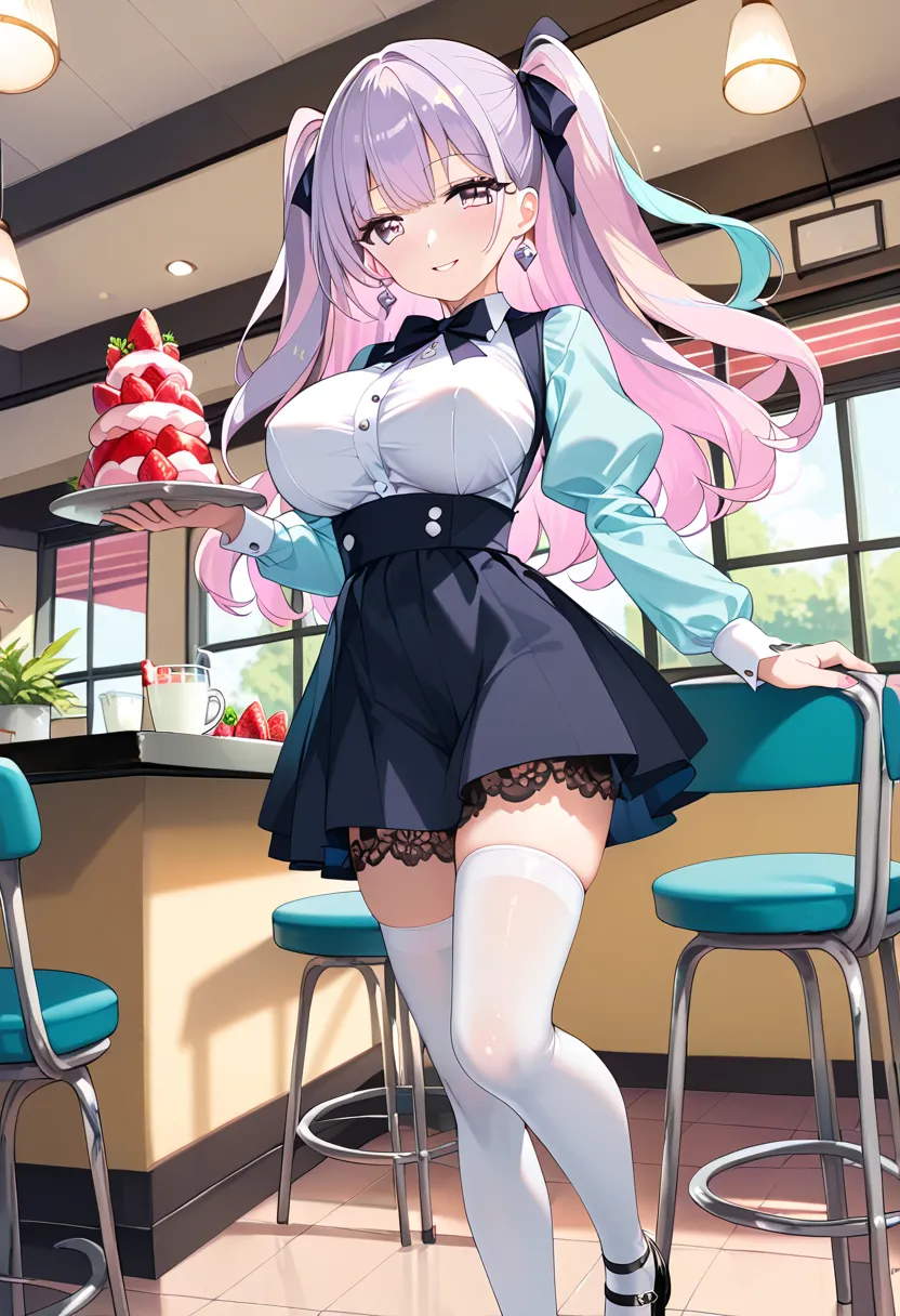 Prompt:girl,standing,twintail,(mint blue thbme:1.5),((pastel fleur striped pattern maid:1.5)),((white thigh highs:1.5)),((black lace up shoes:1.5)),((holding a plate with strawberry cake and a teacup with hot milk tea:1.5)),(there are tables and chairs:1.5...