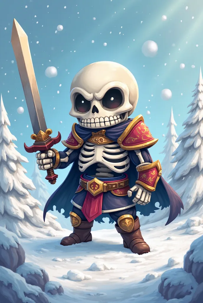 cute giant skeleton worrior with sword in snowy theme in chibbi art style