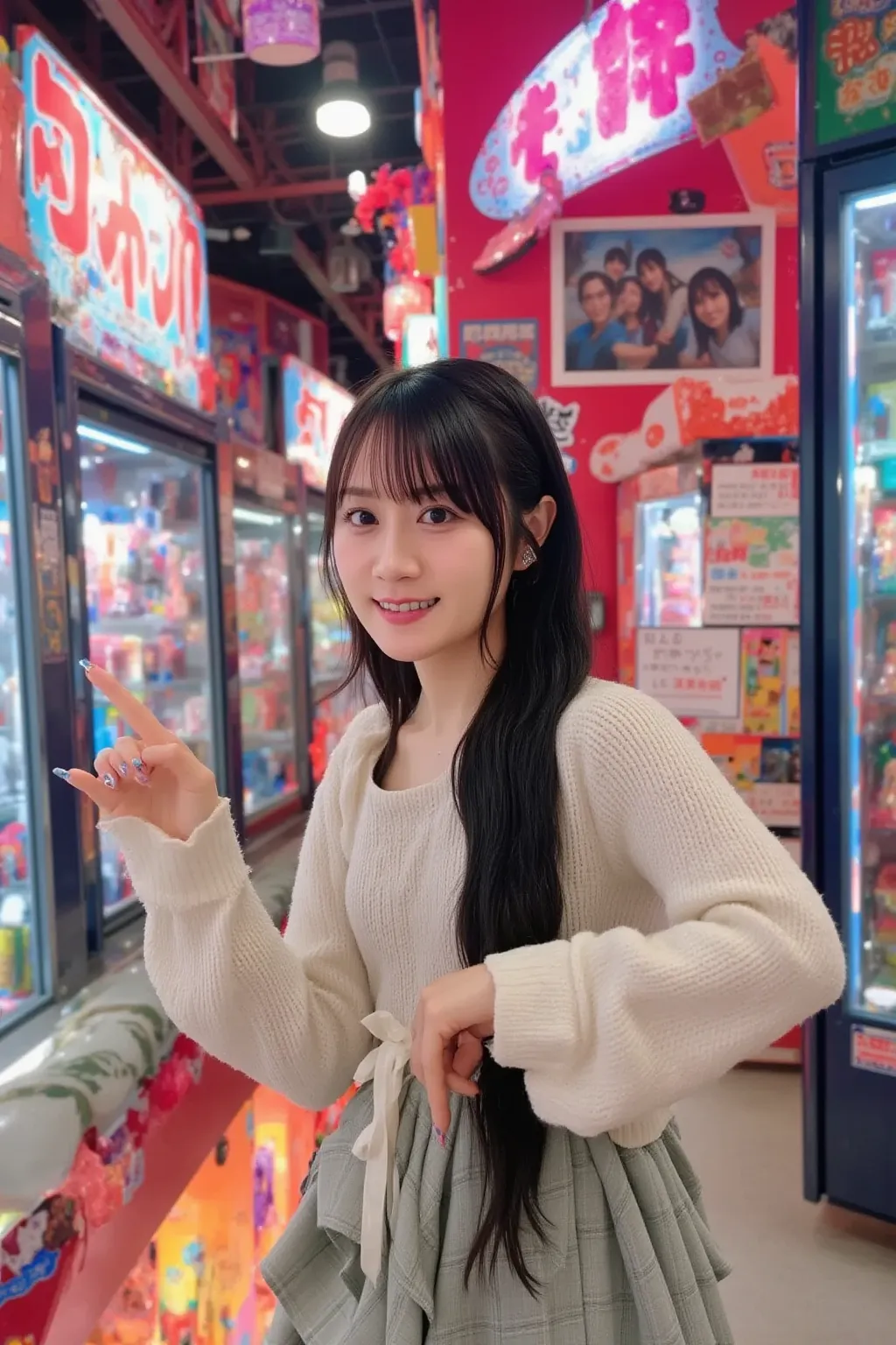 "A young Japanese woman in a casual outfit, standing in a vibrant Japanese arcade, focused on a gacha gacha capsule toy machine. She has an excited expression as she turns the knob, eager to see what toy she gets. The arcade is filled with colorful lights,...