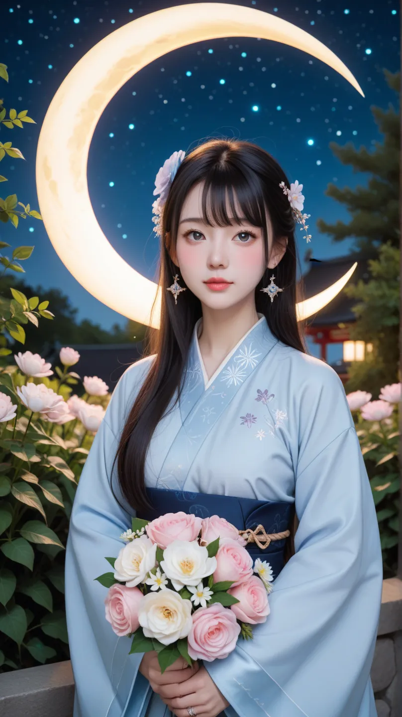 A mystical fortune-telling character designed around the theme of reconciliation and love revival. The character is a young woman with a calm and soothing aura, dressed in an Kimono outfit blending soft pastel colors like lavender, blush pink, and light bl...