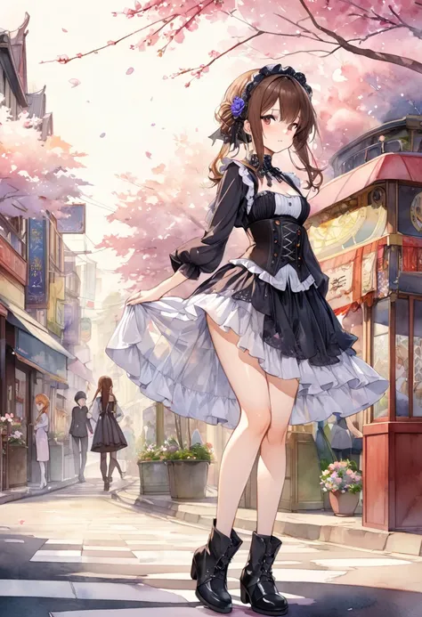 (((nsfw)))、 (((watercolor))), (((gothic))),      tree々Woman standing on a street surrounded by   、  Seductive scene   ,        Decorate with hair accessories        、          pose is medium length         ,    Wavy brown hair ..。.。Super mini skirt with fr...