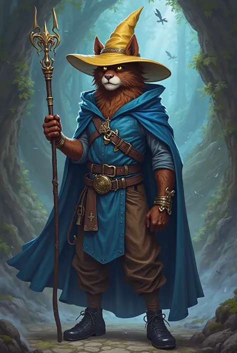 Draw a male ager.  with brown skin, yellow eyes, blue clothes brown pants, black shoes, blue cape, a brown magic wand, yellow witch hat. y furry 