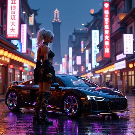 A cyberpunk-inspired female character stands confidently beside a sleek, futuristic Audi R8 Type 4S, her posture strong and poised as she surveys the neon-lit skyline of a dystopian Neo-Tokyo Shogunate. Full-body shot, side view of the car.

Her curly, sho...