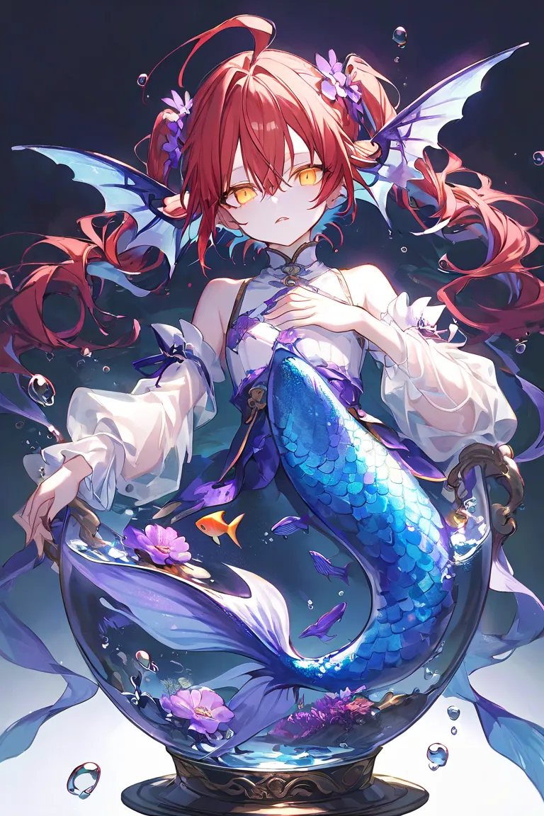 1boy, solo, long hair, looking at viewer, simple background, long sleeves, white background, dress, bare shoulders, twintails, full body, yellow eyes, ahoge, braid, red hair, parted lips, detached sleeves, hand up, water, twin braids, monster boy, bubble, ...