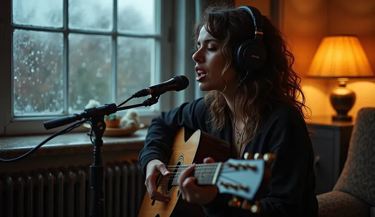 "A 40-year-old American woman with a stylish R&B-inspired look sits as close to the camera as possible near a window in a dark room while it's raining outside. She has voluminous, wavy hair and wears a sleek, modern outfit that reflects her soulful, artist...