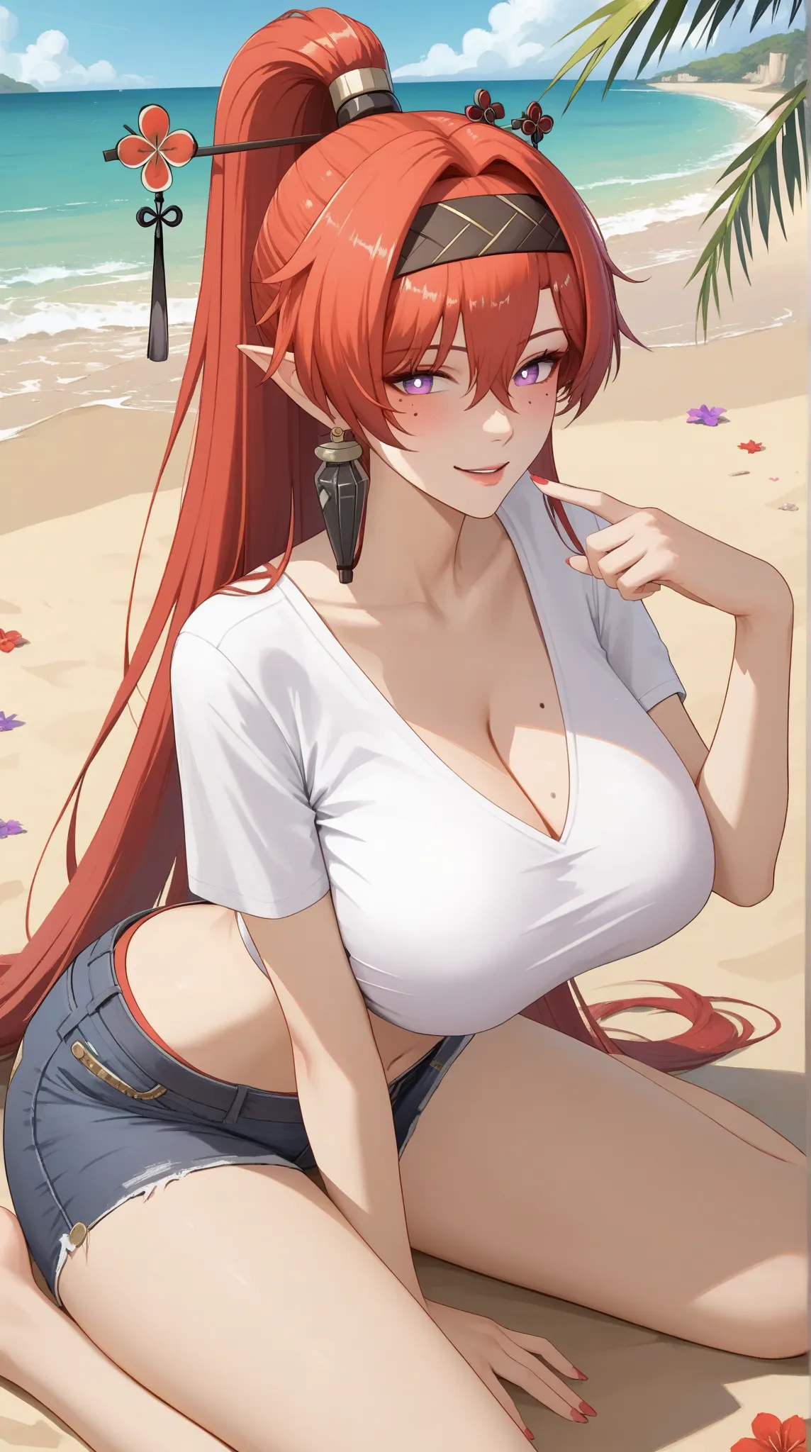 ((Yinlin, red hair, mole under eye, purple eyes, hair stick, hair ornament)), 1girl, huge breasts, huge butt, thick thighs, sensual woman, mature female, blushes, cleavage, full body, source_anime, quality_masterpiece, anatomically correct, beautiful face,...