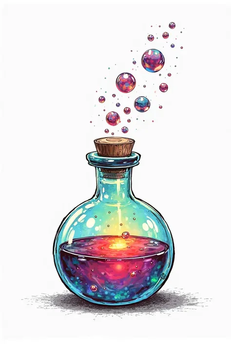 (black and white drawing) production ready flat coloring of a simple colorfull potion with bubbles 