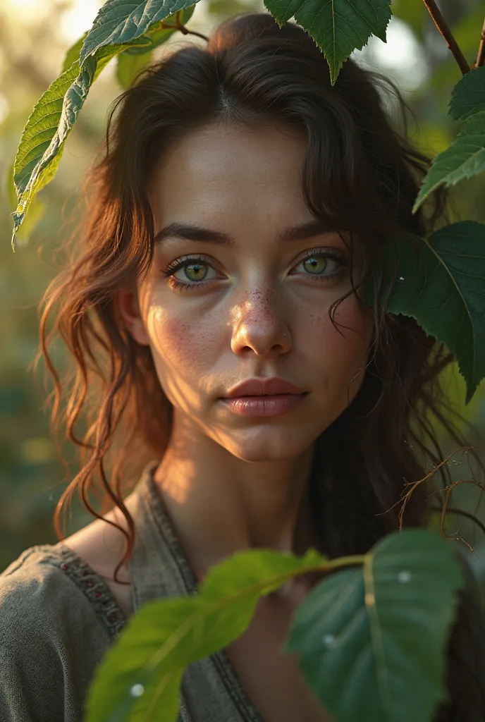 Hyper-realistic, Photorealistic, High Detail, Female Portrait, Highly Detailed Skin Textures, Realistic Eyes, 8k Resolution, Forest Scene, Detailed Leaves with Dew Drops, Sunlight Through Trees, Realistic Shadows, Natural Colors, Soft Natural Light, Dramat...