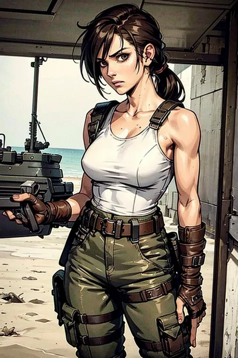 a military woman, well trained body, white sleeveless t-shirt, Exposed collarbone, beige leather shelter, blue pants, two leather belts with gun pockets, dark brown hair, carving, Brown eyes, hazel left eye, left eye with a scar, beach shore, at daytime, g...